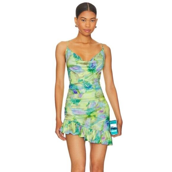 For Love And Lemons Dresses & Skirts - For Love and Lemons Aster Mini Dress M Green Blue Purple Cowl Neck Strappy Party